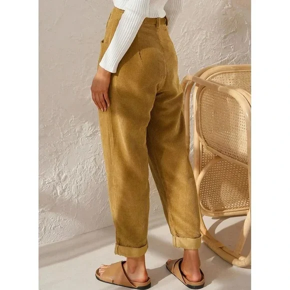 Khaki High Waisted Straight Leg Pants Casual Corduroy Pants Vintage Trousers - Picture 2 of 10